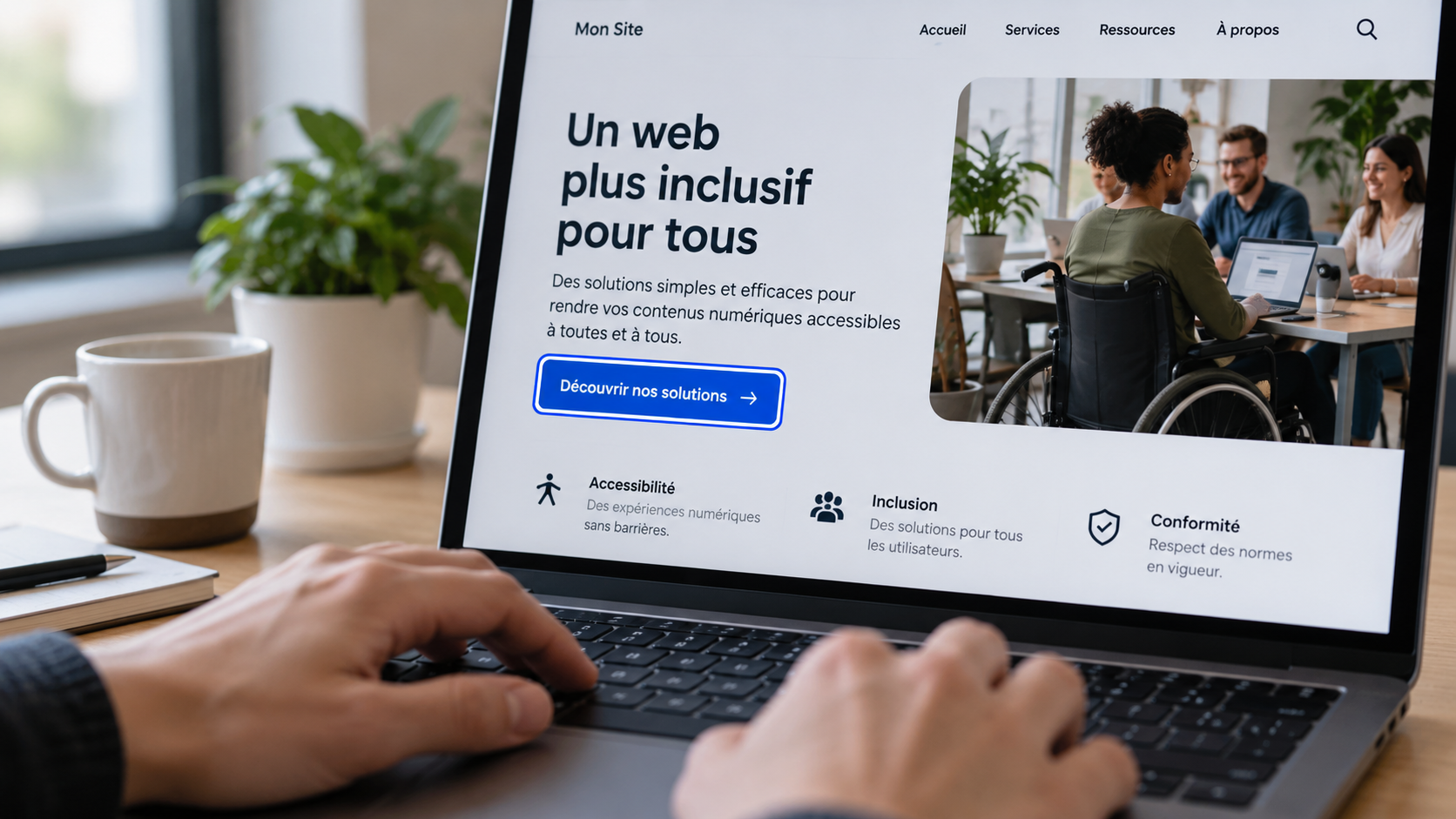 Clavier et écran affichant un site avec un contour de focus visible sur un bouton