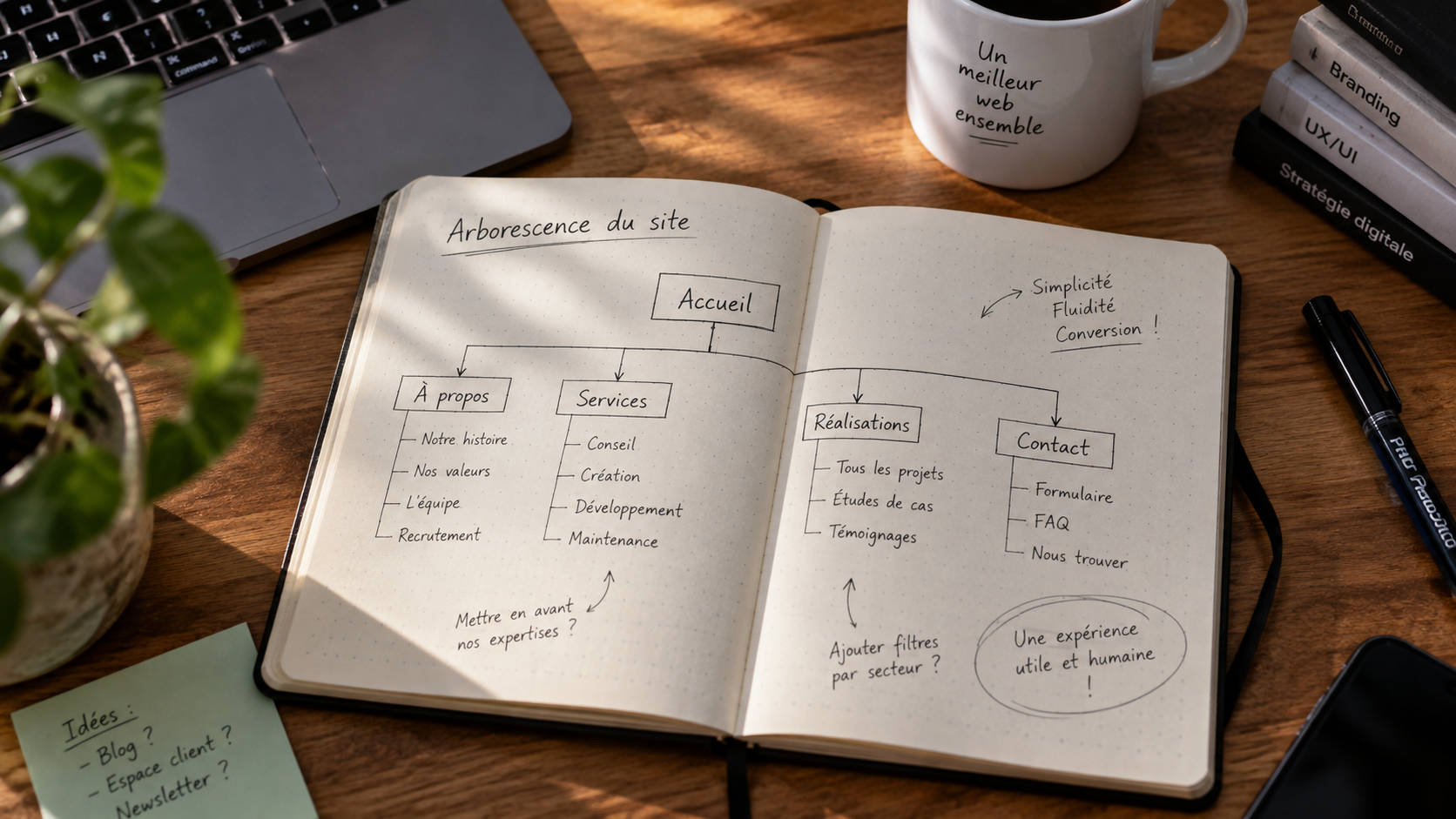 Photo d’un carnet ouvert avec une arborescence de site dessinée à la main