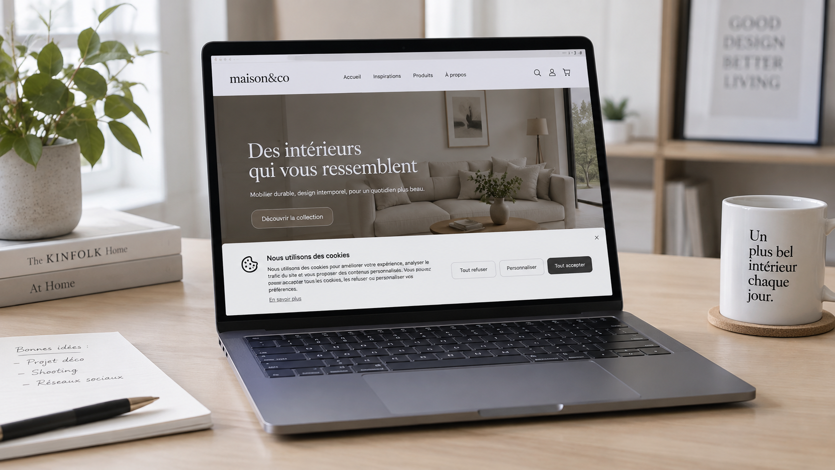 Écran d’ordinateur portable affichant une bannière de consentement, bureau clair, ambiance calme
