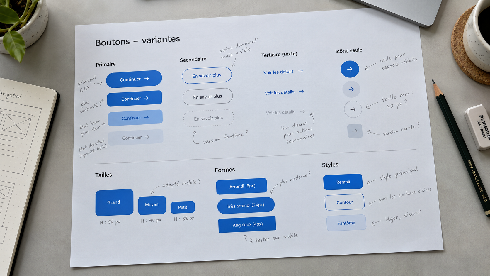 Maquette d’interface imprimée avec plusieurs variantes de boutons annotées au crayon