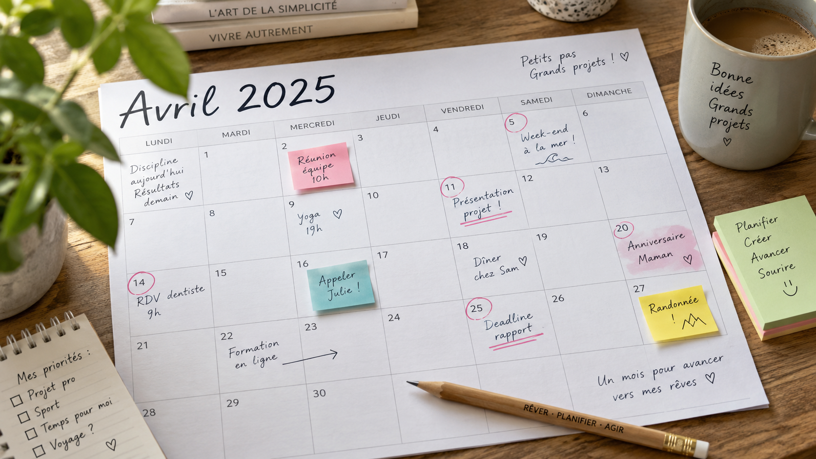 Calendrier mensuel annoté à la main avec quelques post-its de couleur, crayon posé dessus