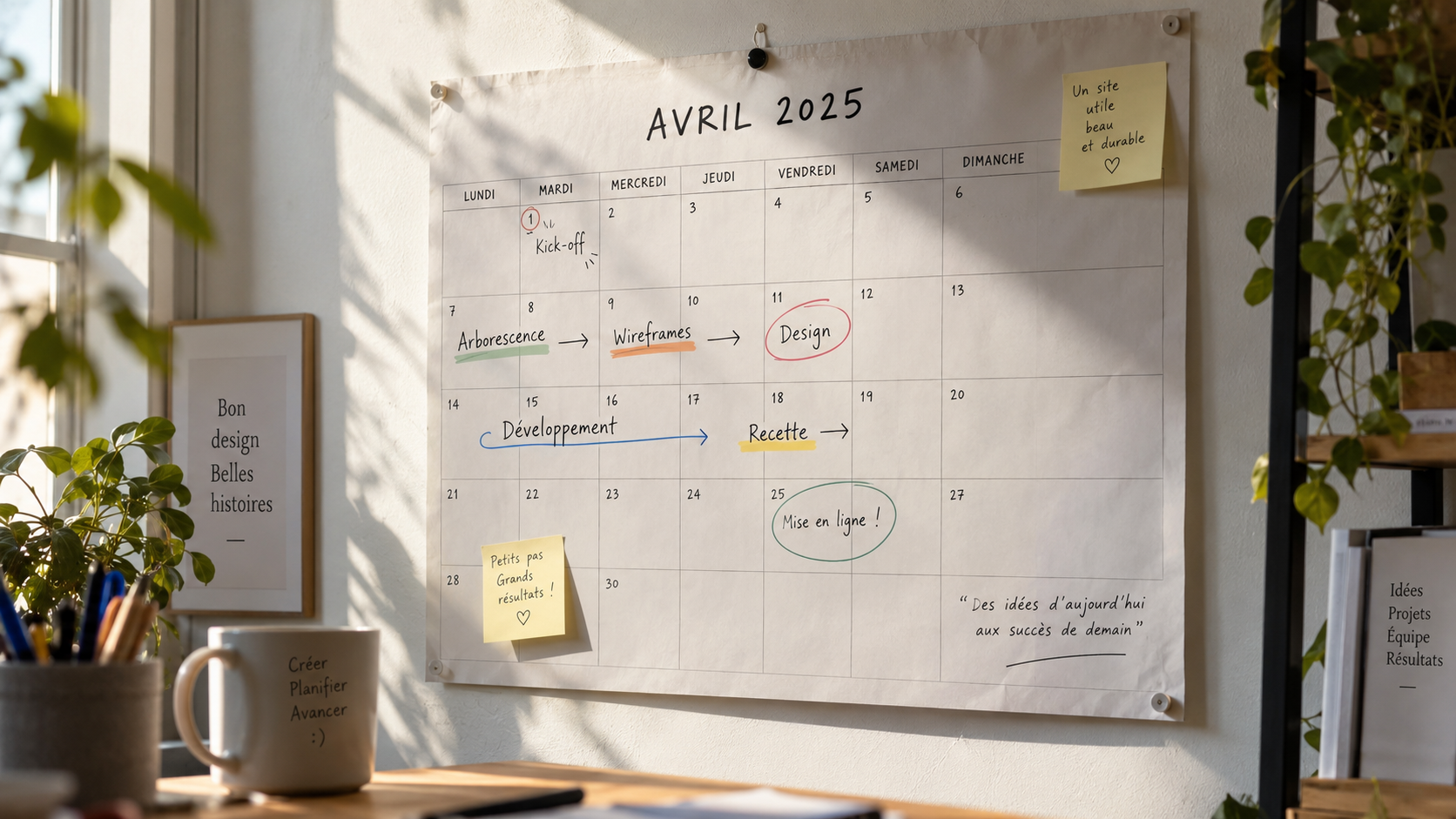 Photo d’un calendrier mural annoté avec des jalons de projet, lumière du matin