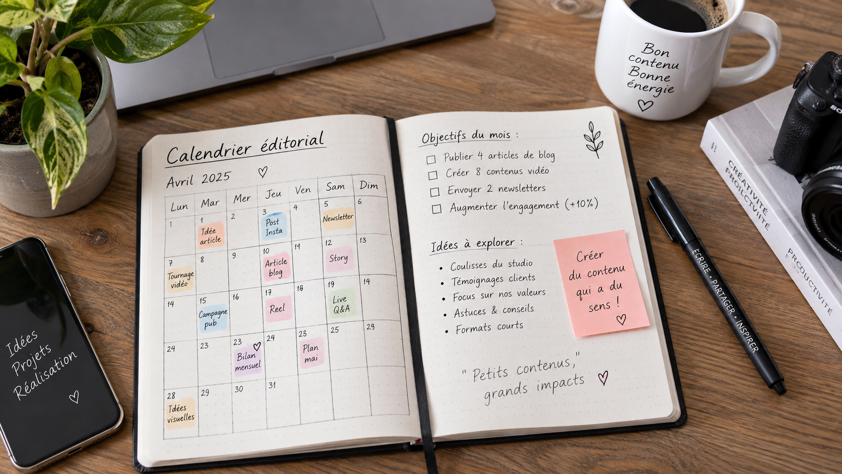 Carnet ouvert avec un calendrier éditorial dessiné à la main, stylo et tasse de café