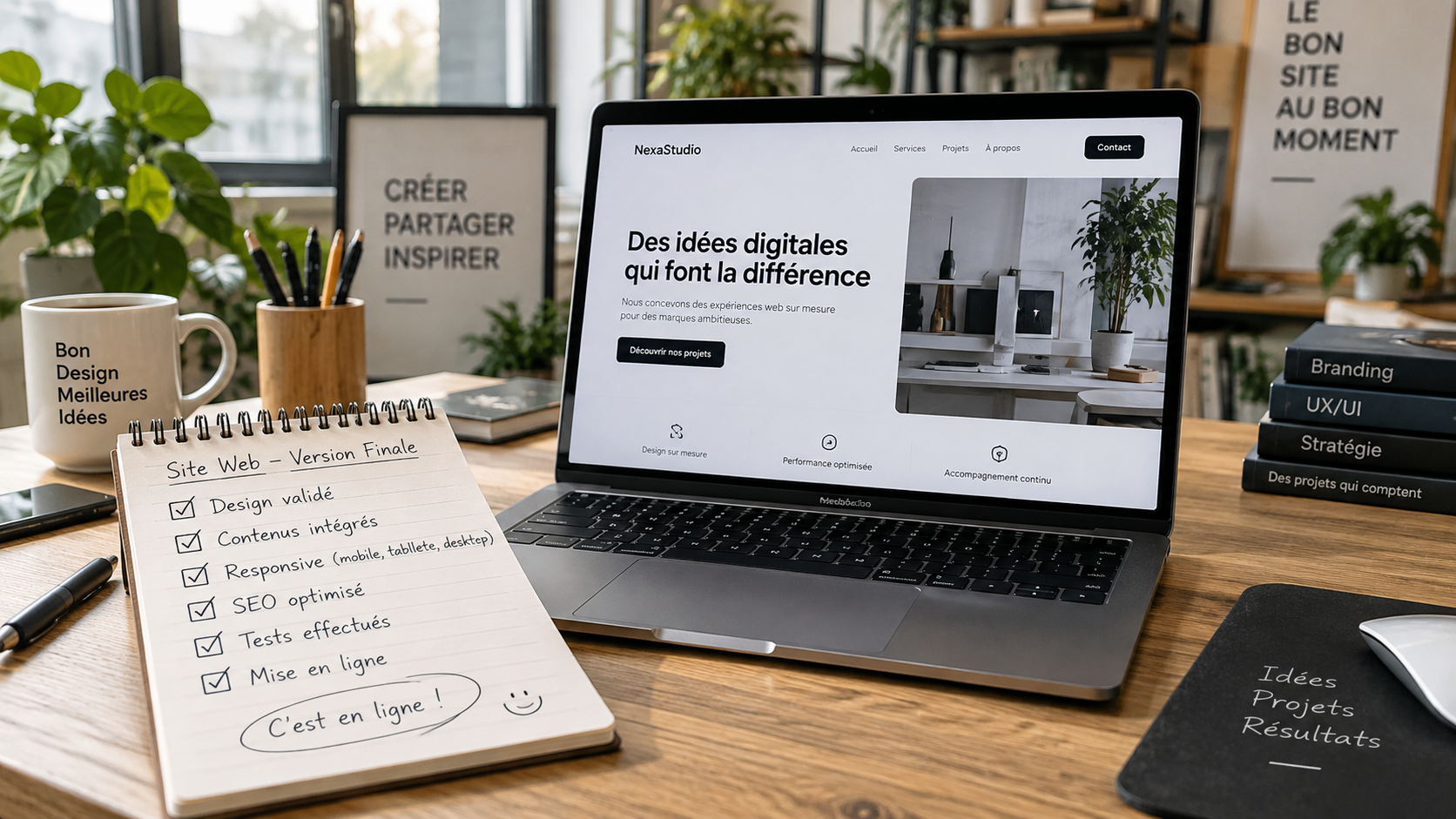 Liste de vérification annotée à côté d’un ordinateur affichant un site terminé, bureau de studio