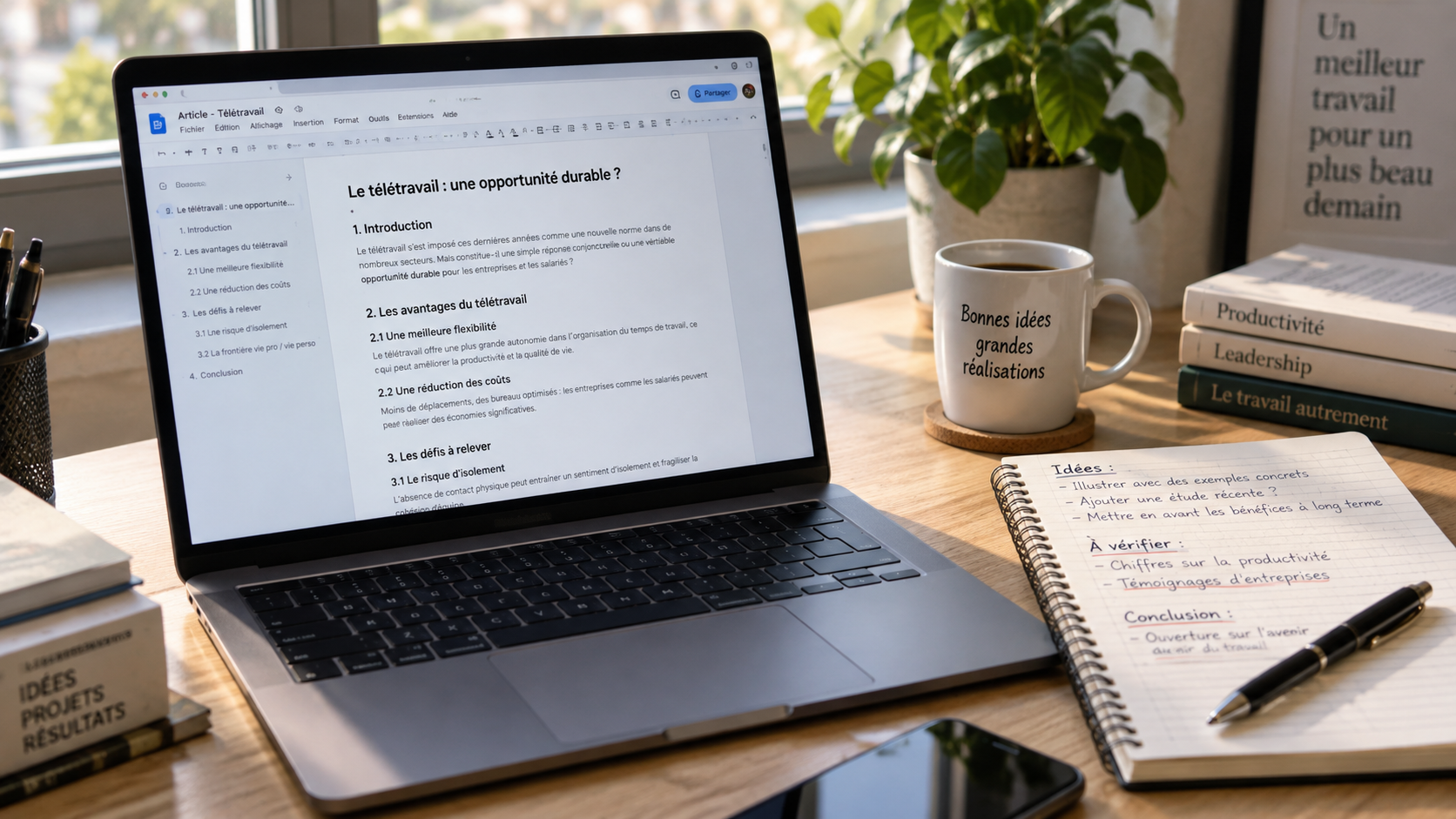 Écran affichant un texte en cours de rédaction avec une structure de titres, à côté d’un carnet annoté