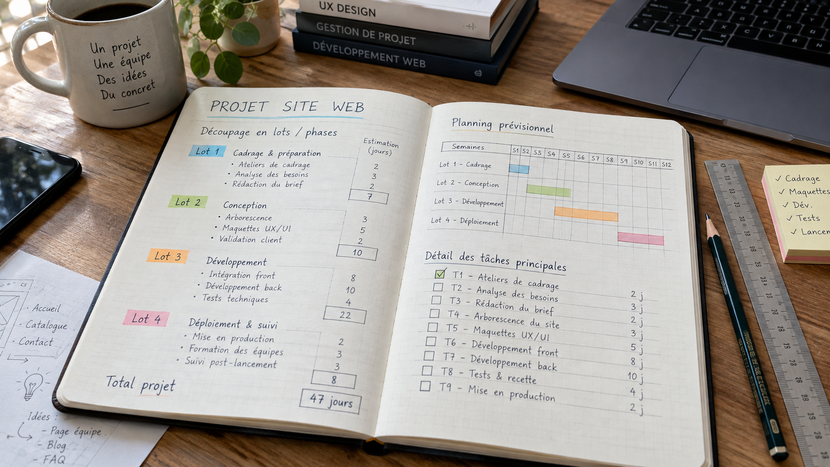 Carnet avec un découpage de projet en lots et des estimations chiffrées, crayon et règle