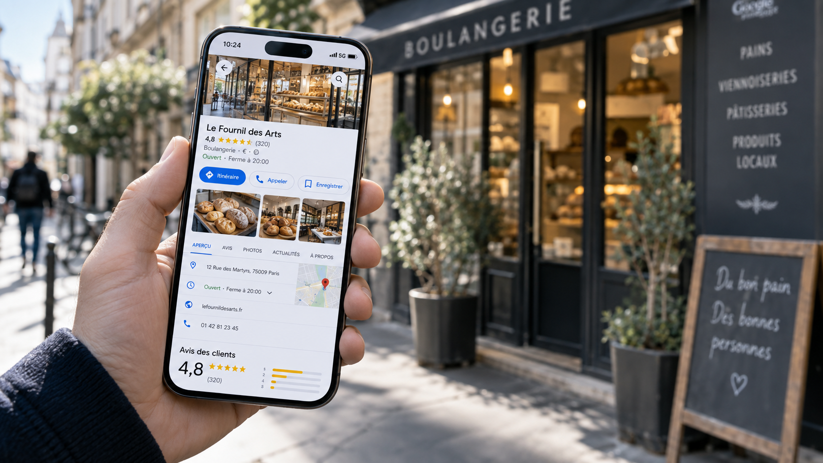 Téléphone affichant une fiche d’établissement Google avec des avis, tenu devant une devanture de commerce