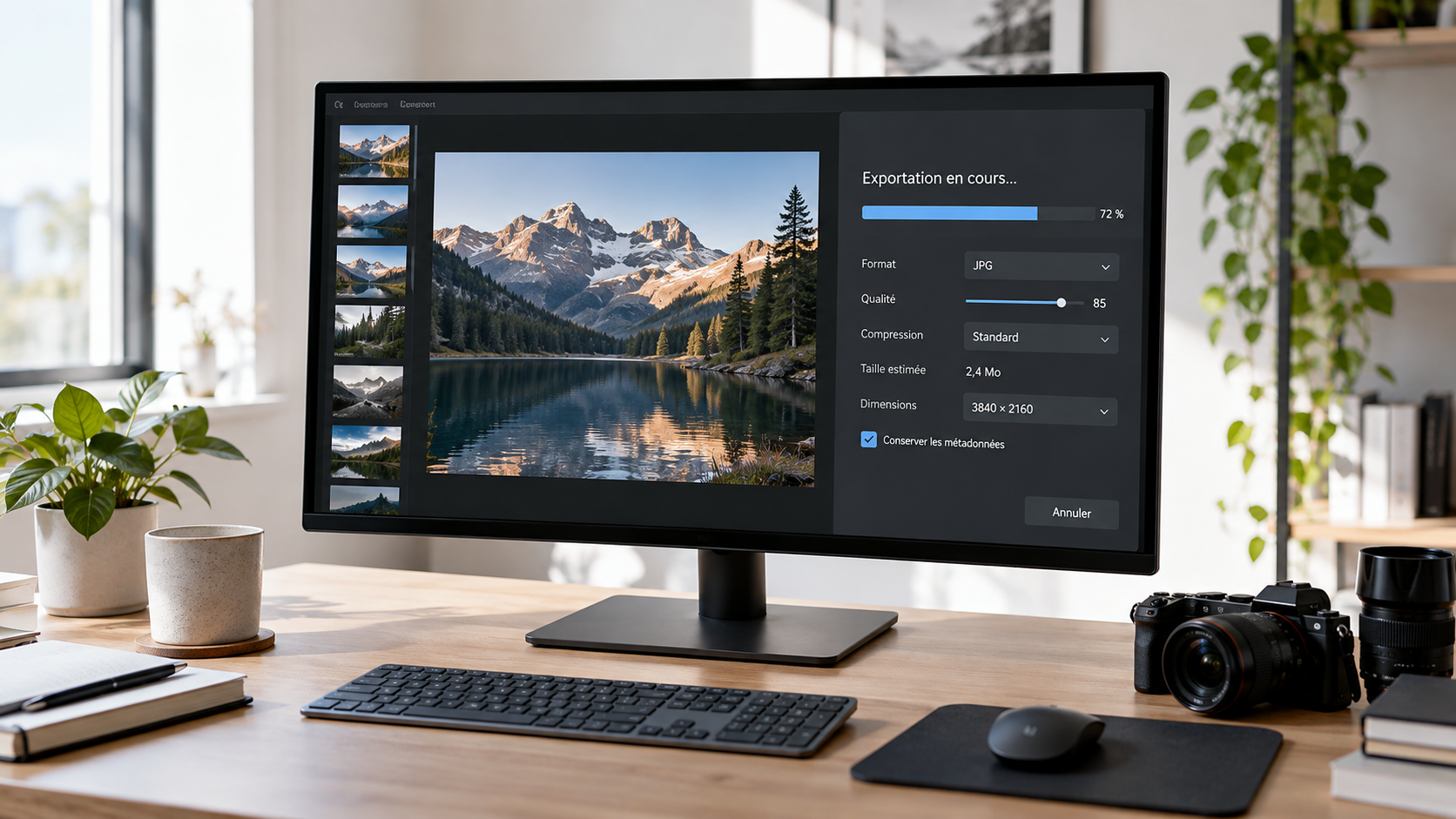 Écran affichant une photo en cours d’export avec ses réglages de compression, bureau clair