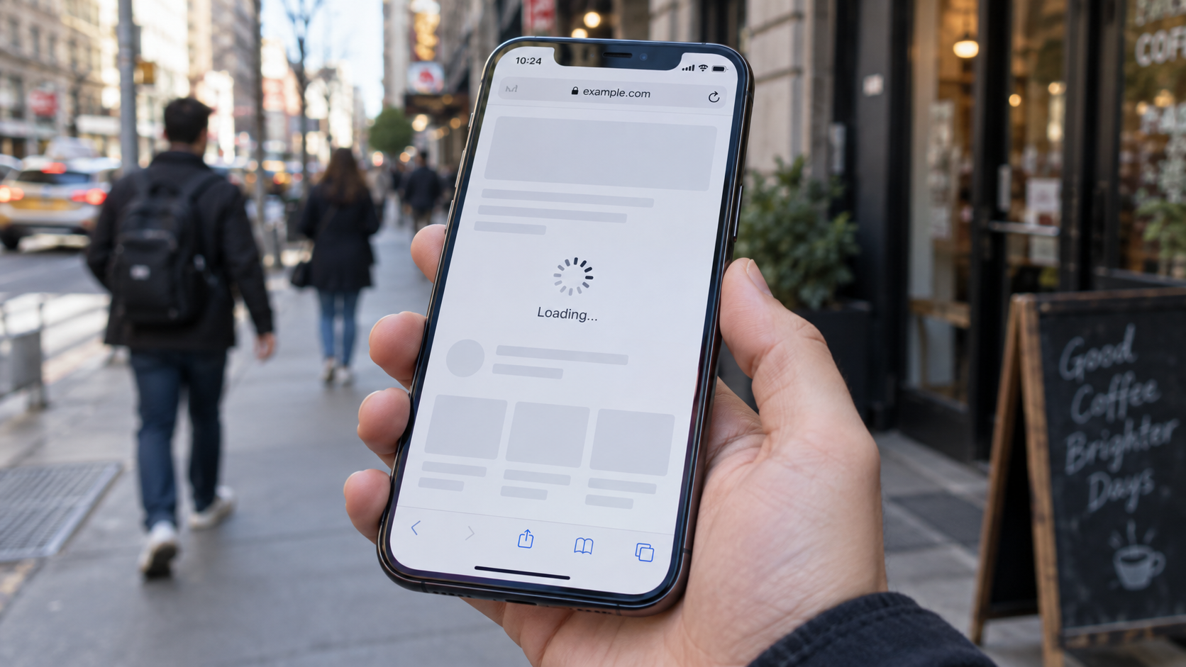 Photo d’un téléphone tenu en main dans la rue, page web en cours de chargement, lumière du jour