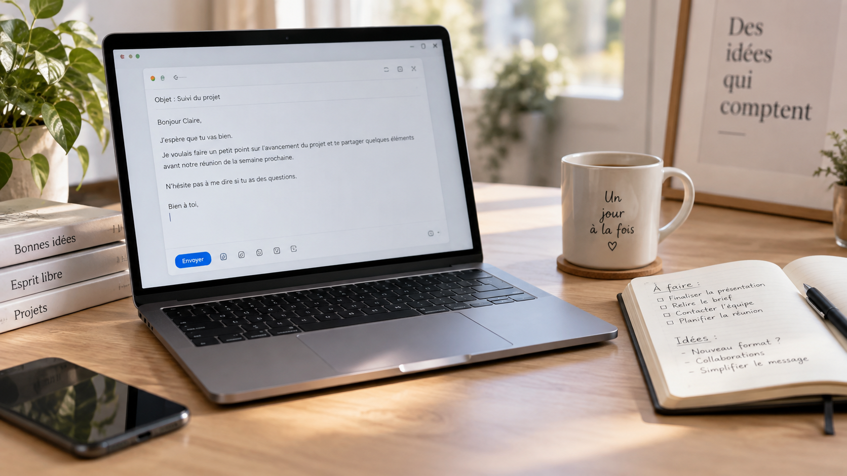 Écran affichant un éditeur de texte simple avec un brouillon d’email, tasse et carnet sur un bureau clair