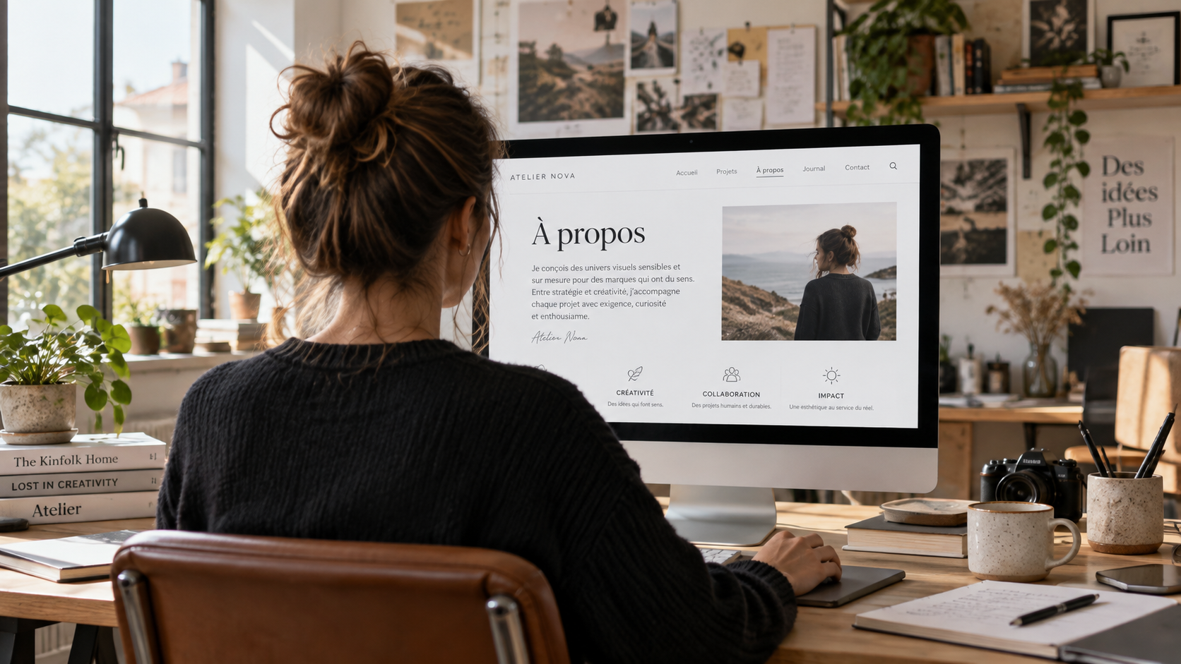 Portrait de travail dans un studio, personne de dos face à un écran affichant une page À propos