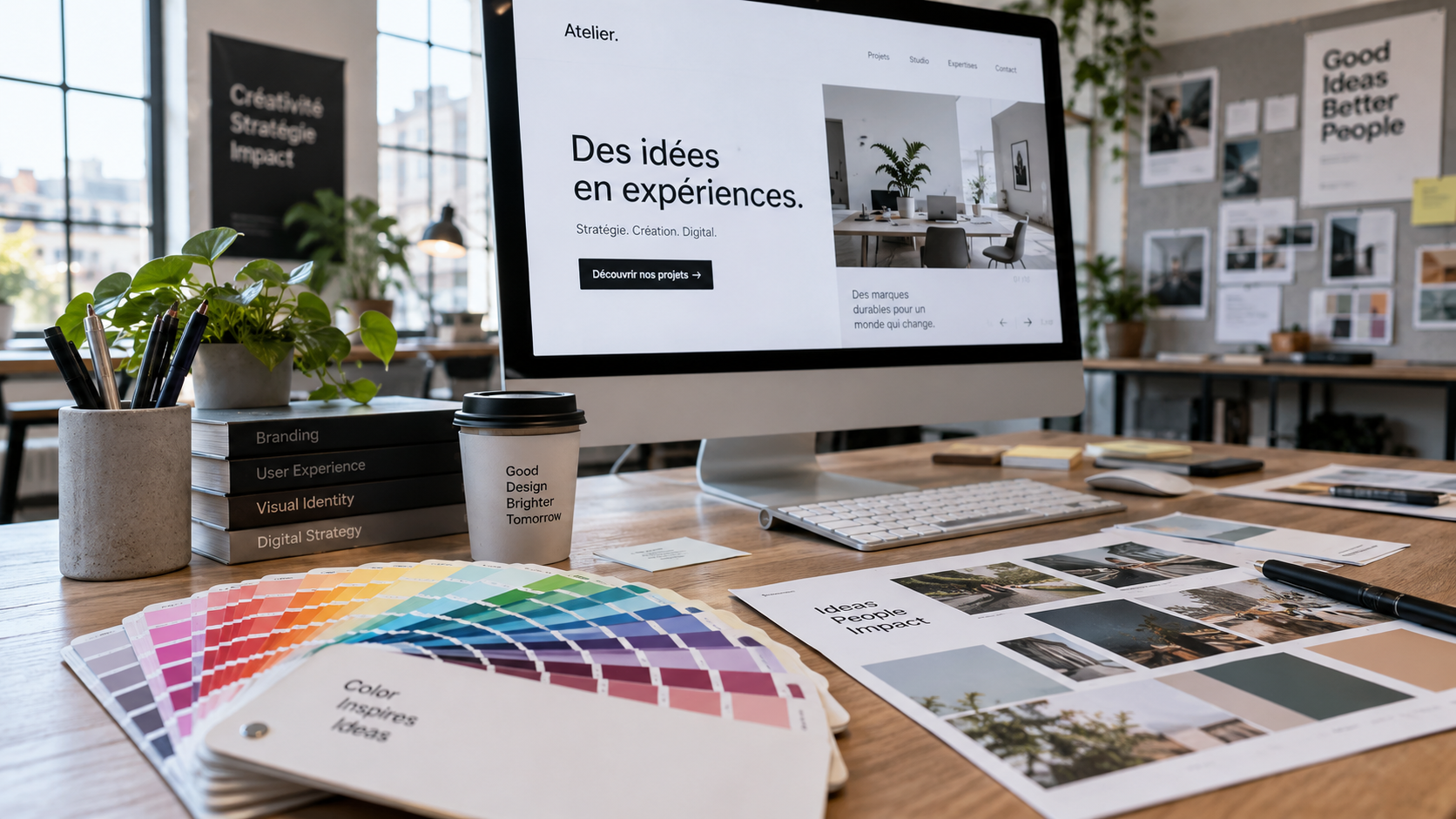 Nuanciers imprimés posés sur une table de studio, à côté d’un écran affichant une maquette