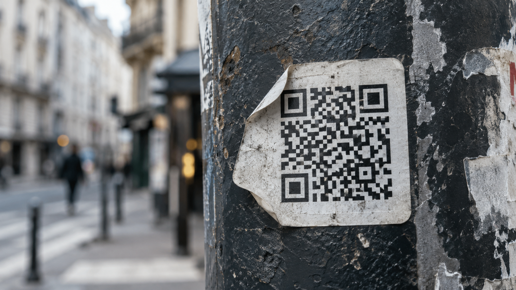 Photo d’un QR code collé dans la rue, légèrement décollé, lumière naturelle