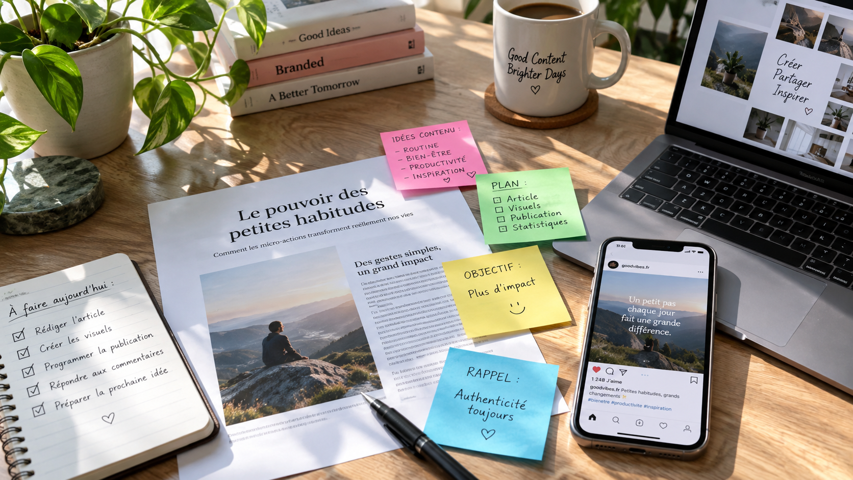 Table de travail avec un article imprimé, des post-its et un téléphone affichant une publication, lumière naturelle