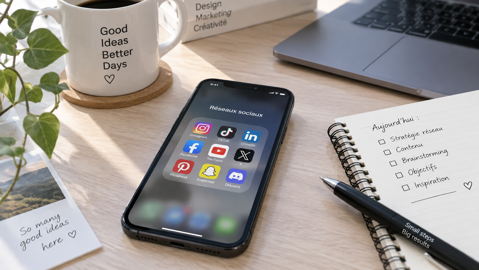 Téléphone posé sur un bureau clair, plusieurs applications de réseaux sociaux visibles, carnet à côté