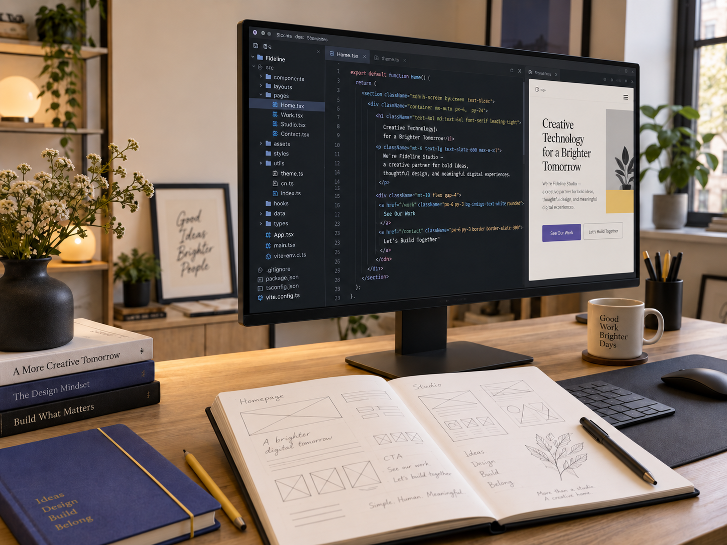 Photo du poste de travail du studio : écran avec du code, carnet de croquis ouvert à côté