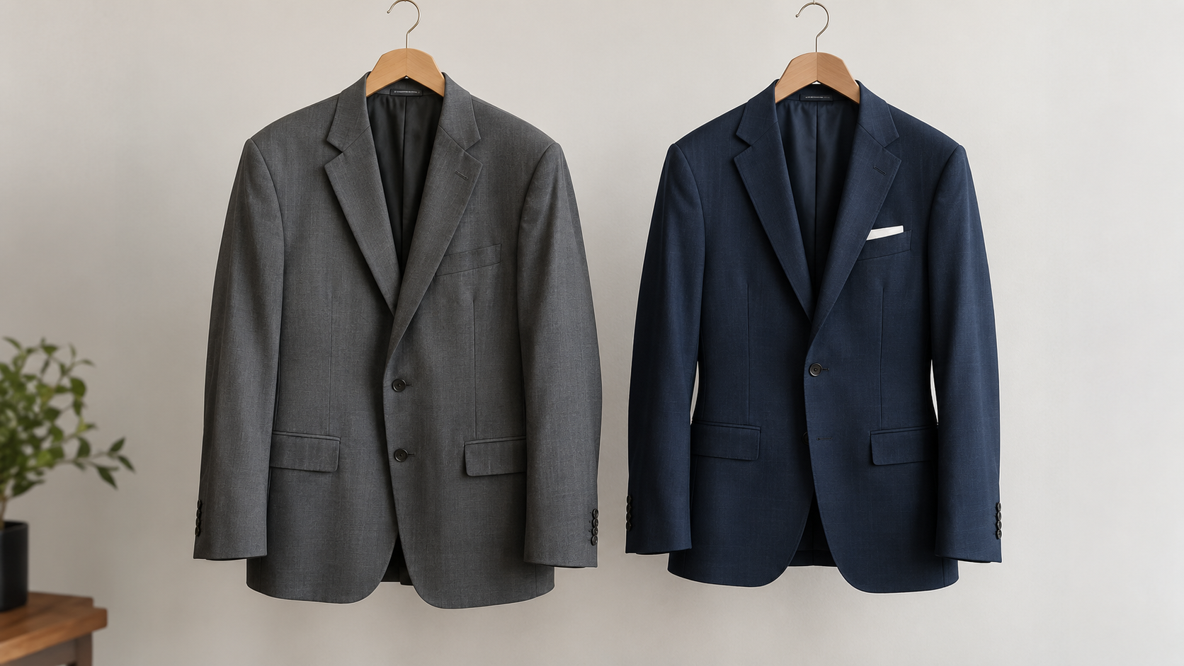 Photo de deux vestes côte à côte : une de confection standard, une sur mesure — métaphore visuelle, fond neutre