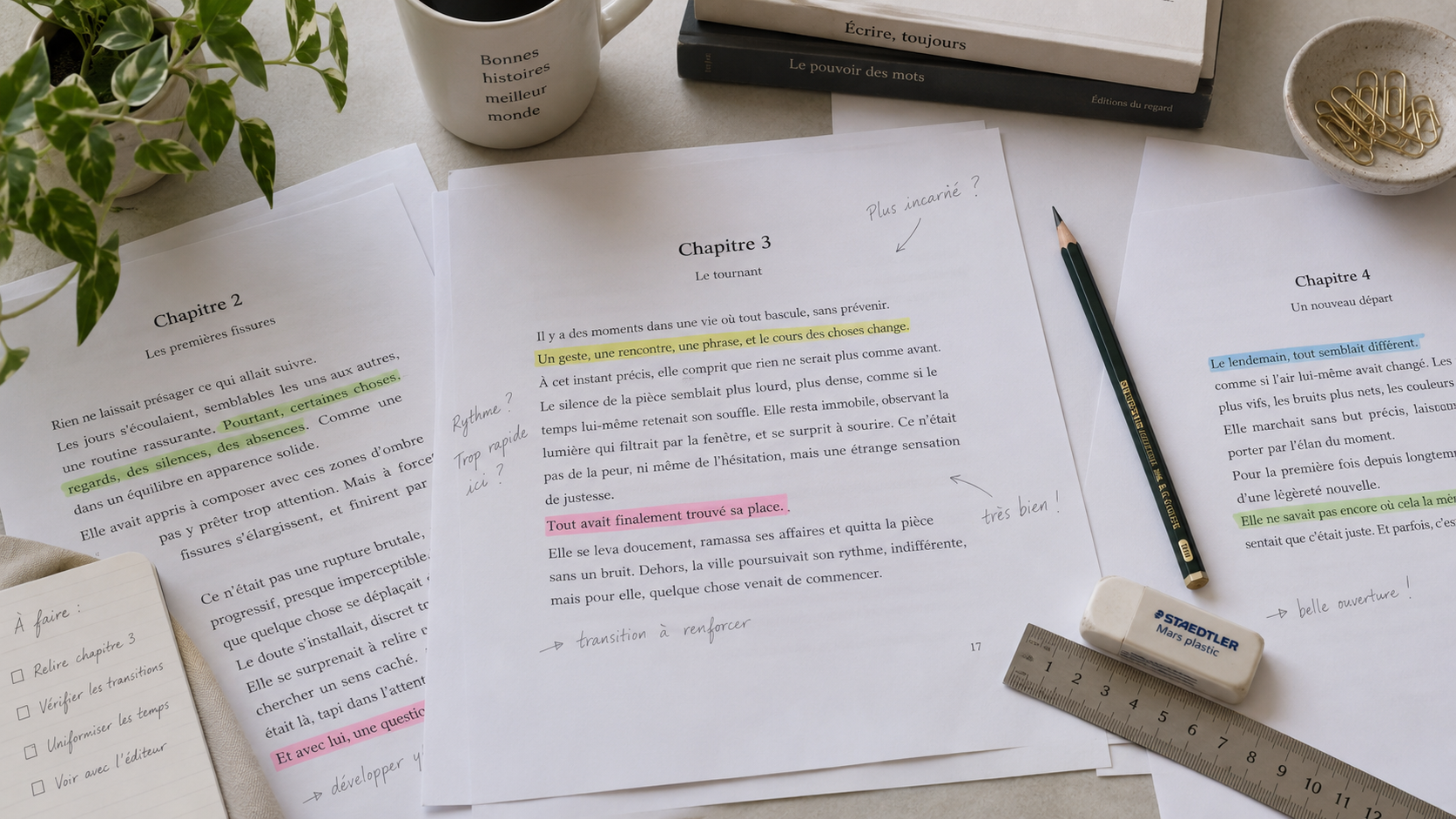 Feuilles imprimées avec des phrases surlignées et annotées au crayon, sur une table de studio