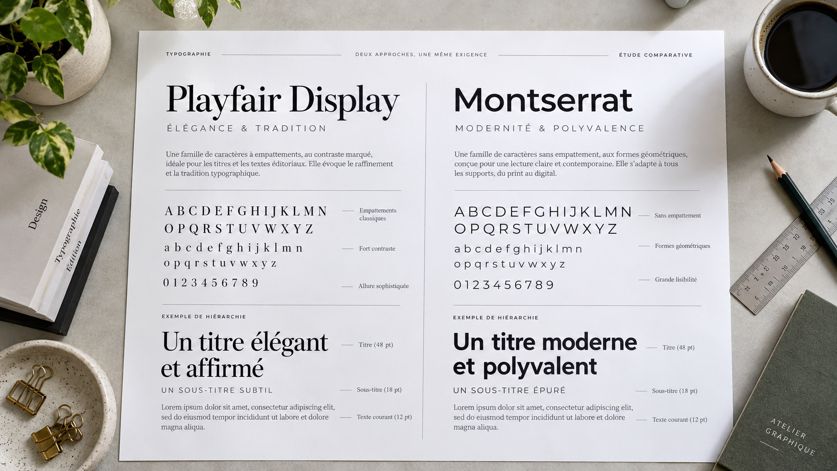 Planche typographique imprimée avec deux familles de caractères comparées, sur une table de studio