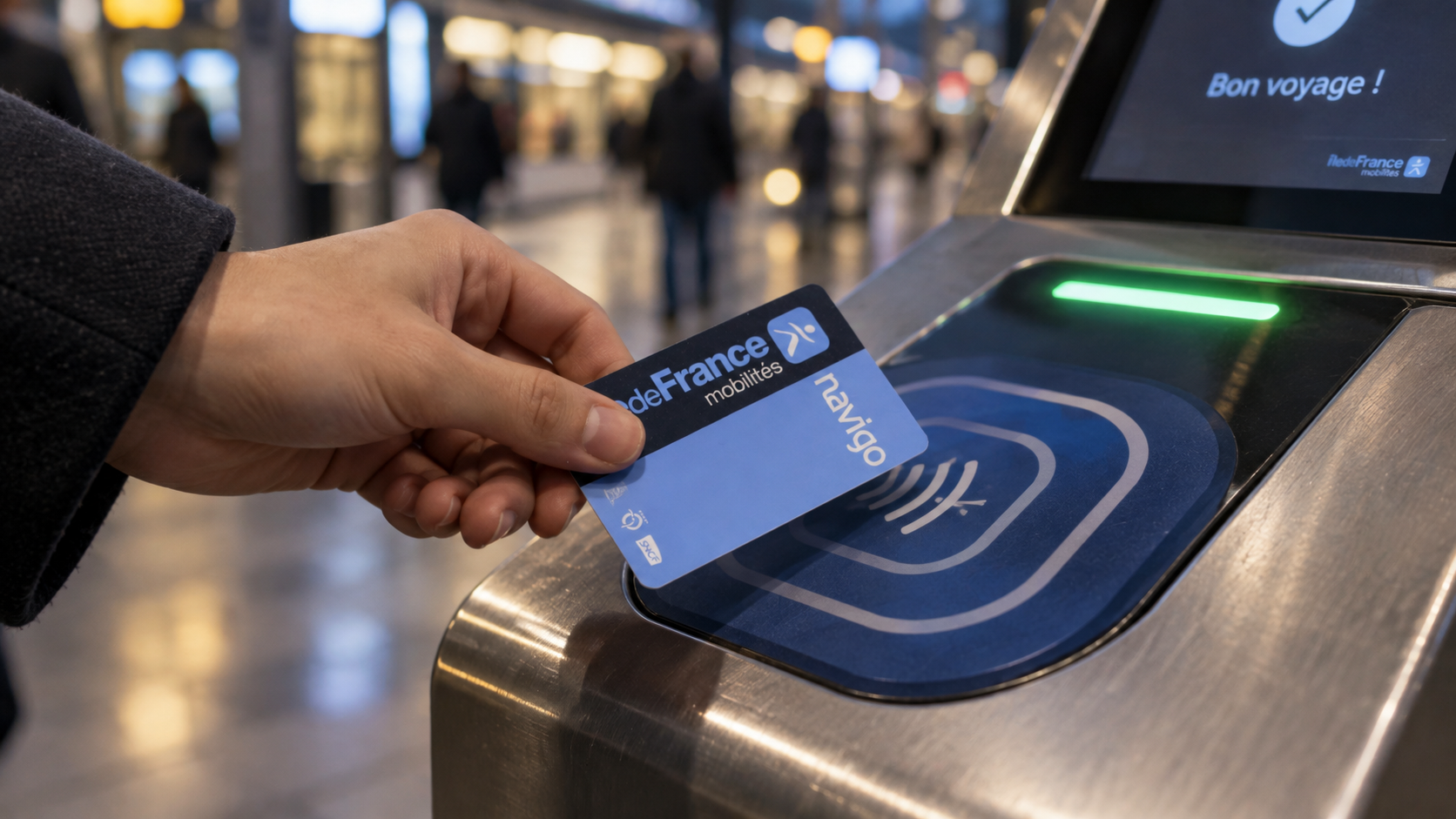 Photo d’une main passant une carte de transport sur une borne de validation, mouvement léger, lumière urbaine